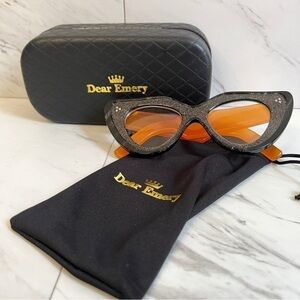 NEW Dear Emery Hand Crafted Black Designer Oversized Cat Eye Glasses and Case